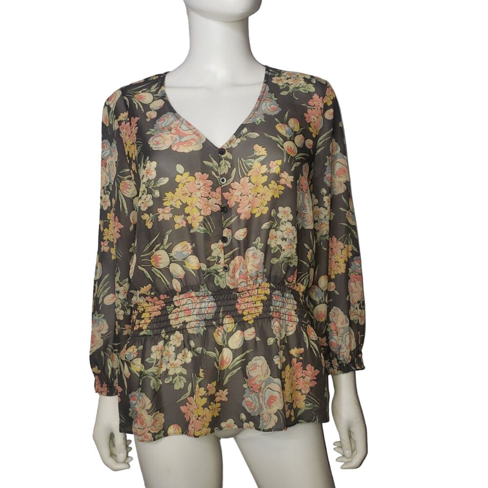 CHAPS Sheer Charcoal Gray Floral Lightweight Summer Blouse Womens Size Medium